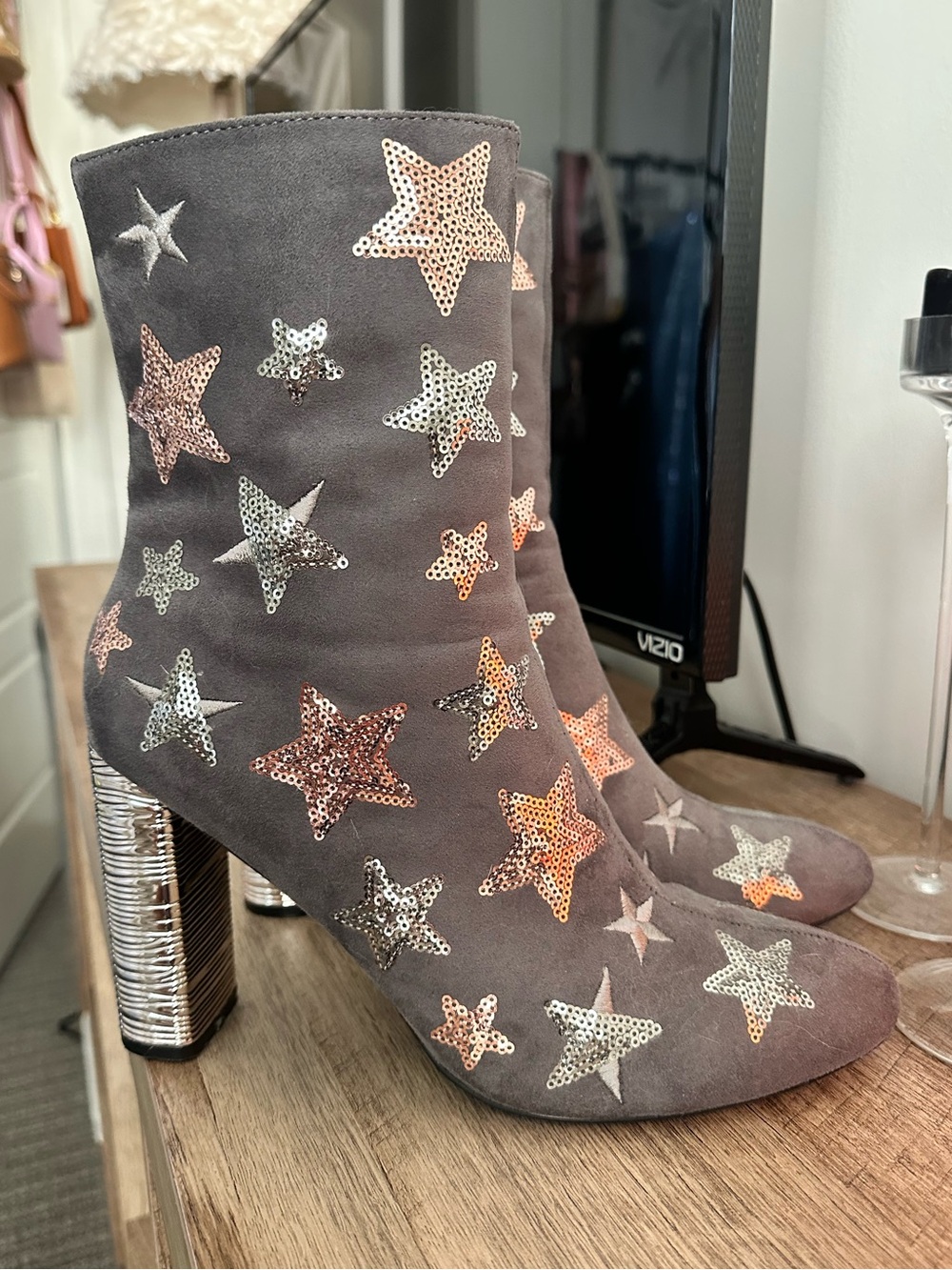 Metallic Star Embellished Gray Suede Ankle Boots